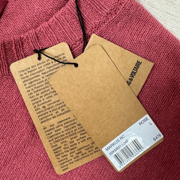 Zadig & Voltaire Markus Cashmere Sweater Womens Large Rose Pink Logo $478 - Picture 5 of 5